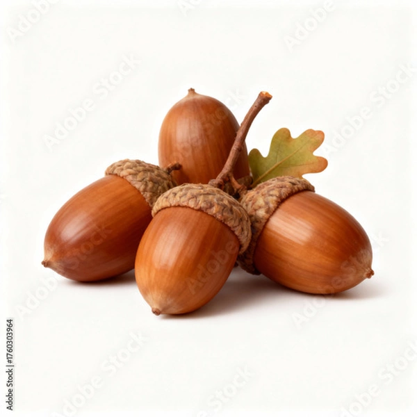 Fototapeta Four acorns with a leaf isolated on white background, a symbol of autumn and natures bounty