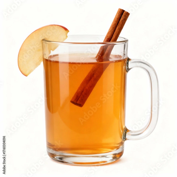 Fototapeta Apple cider with cinnamon stick isolated on white background, a warm and comforting autumn beverage