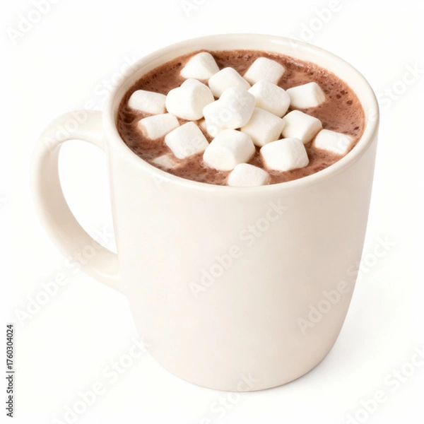 Fototapeta Hot chocolate with marshmallows isolated on white background, a classic and indulgent winter treat