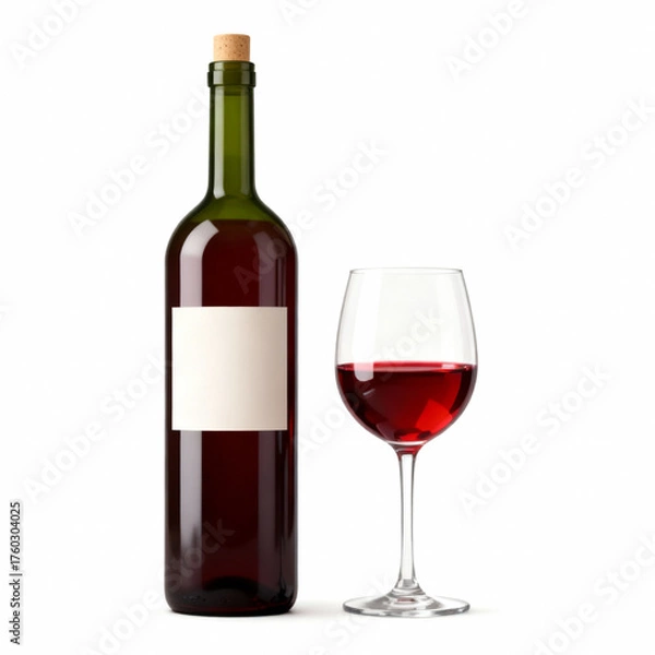 Fototapeta A bottle of red wine with a blank label and a glass of wine isolated on white background ready to serve