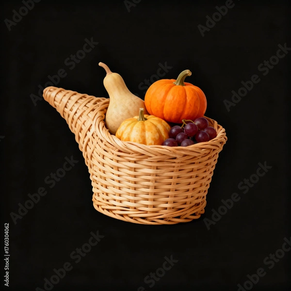 Fototapeta Cornucopia filled with pumpkins, grapes and squash on black background, a symbol of abundance and harvest