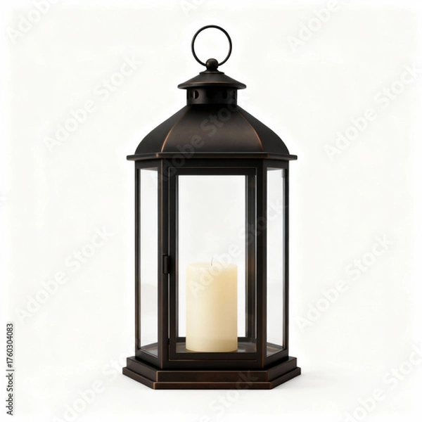 Fototapeta Elegant dark bronze lantern with candle inside isolated on white background for home decor and lighting