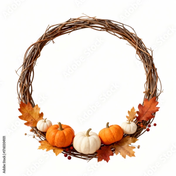 Fototapeta Festive autumn wreath with pumpkins and fall leaves isolated on white background for thanksgiving day