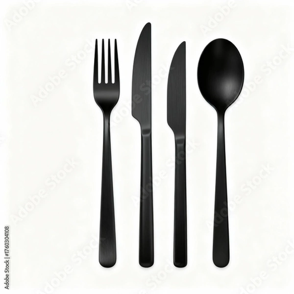 Fototapeta Black cutlery set isolated on white background for modern table setting and minimalist design concept