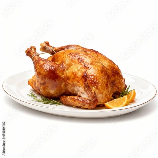 Fototapeta Roasted chicken on a platter isolated on white background, a delicious main course