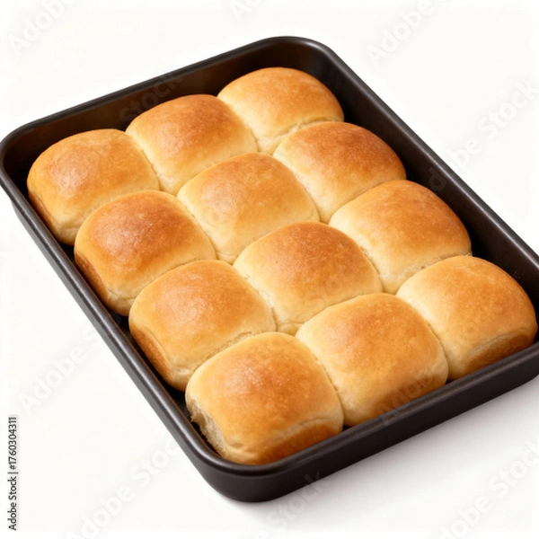 Fototapeta Freshly baked dinner rolls in a baking pan isolated on white background, ready to eat