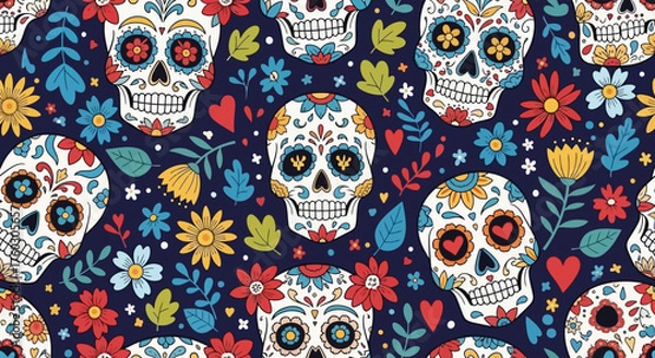 Fototapeta Day of the Dead Seamless Pattern with Sugar Skulls and Floral Elements