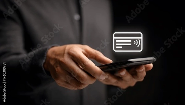 Fototapeta Close-up of a businessman holding a smartphone with a glowing contactless digital payment card icon for NFC and mobile commerce