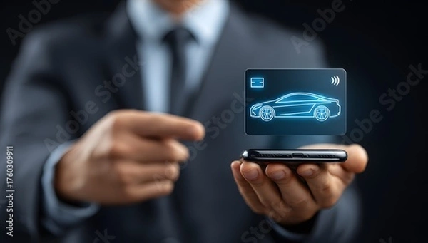Fototapeta Businessman holding smartphone with holographic car payment card for digital auto insurance, car buying, or ride-sharing app concept