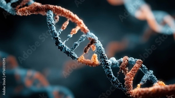 Fototapeta A close-up of DNA strands shows their double helix structure in vivid colors and textures against a dark background, emphasizing their complexity.