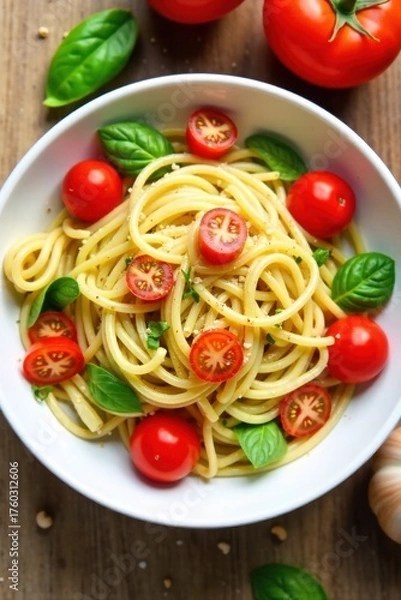 Fototapeta The transformation of raw ingredients into a healthy spaghetti dish, emphasizing freshness and natural goodness. An overhead studio shot showing a beautifully prepared bowl of healthy spaghetti.