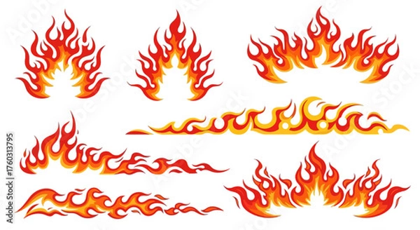 Fototapeta Dynamic Set of Fiery Flame Graphic Elements for High-Energy Designs A Collection of Stylized Blazes and Hot Rod Style Decals, Perfect for Adding Intensity to Any Project