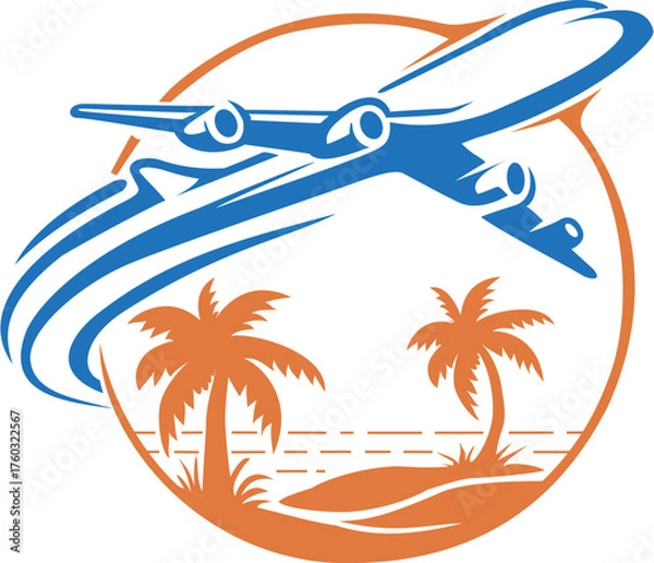Fototapeta Dream vacation air travel icon with airplane palm trees and ocean waves