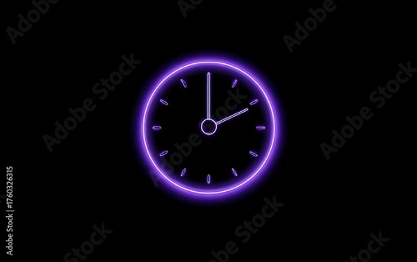 Fototapeta Striking purple neon clock face glows against a dark background, symbolizing punctuality and modern timekeeping.
