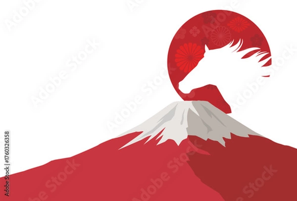 Obraz 午年の年賀状テンプレート　馬と富士山と日の出