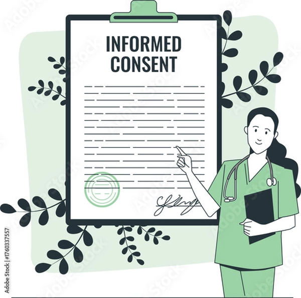 Obraz Doctor explaining informed consent document with stethoscope and plants nurse medical