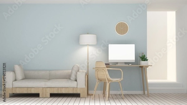 Fototapeta The interior relax space furniture and background white decoration minimal in hotel - wall empty space 3d rendering