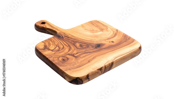 Fototapeta Textured wood cutting board with handle isolated on black