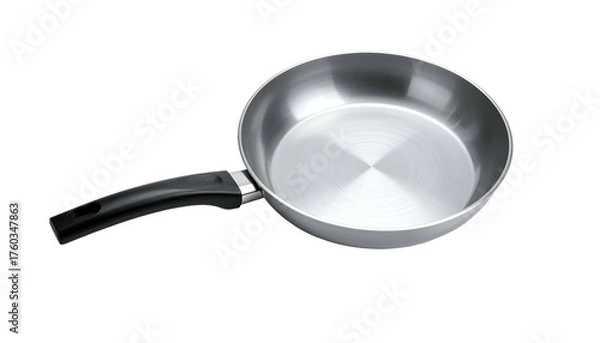 Fototapeta Stainless steel frying pan with black handle, centered view