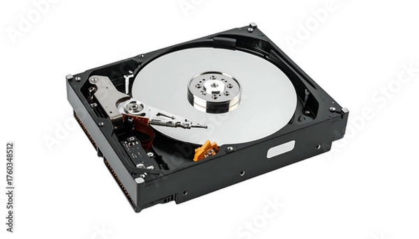 Fototapeta Open hard drive showing platters, head, and actuator arm mechanism