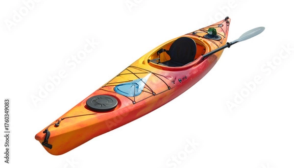 Fototapeta Colorful kayak with paddle, ready for adventure on dark background