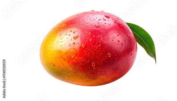 Fototapeta Glossy mango with drops and a leaf