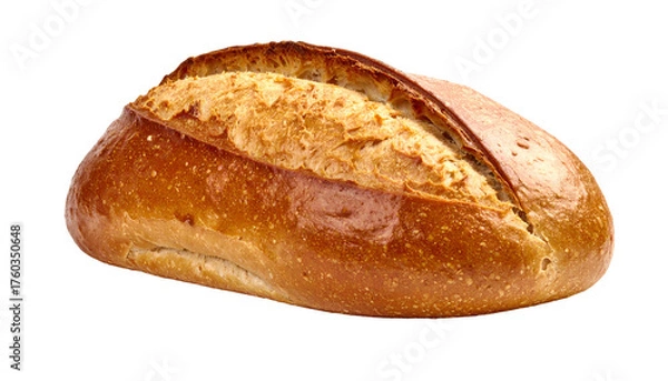 Fototapeta Golden, crusty loaf of bread with a diagonal cut on a black background