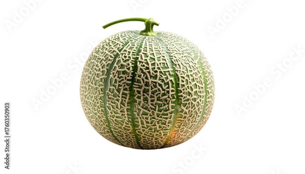Fototapeta Textured cantaloupe with stem, green and tan on black background
