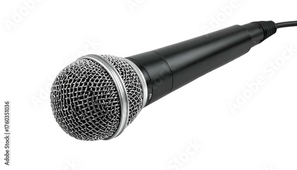 Fototapeta Wired microphone with a mesh grille, on a black background