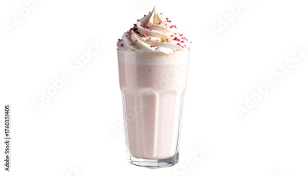 Fototapeta Pink milkshake with whipped cream and colorful sprinkles, isolated