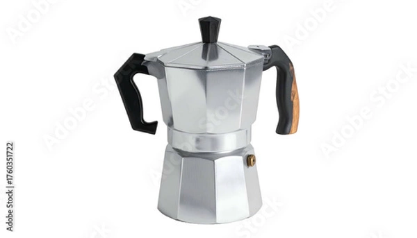 Fototapeta Silver stovetop espresso maker with black handle on black