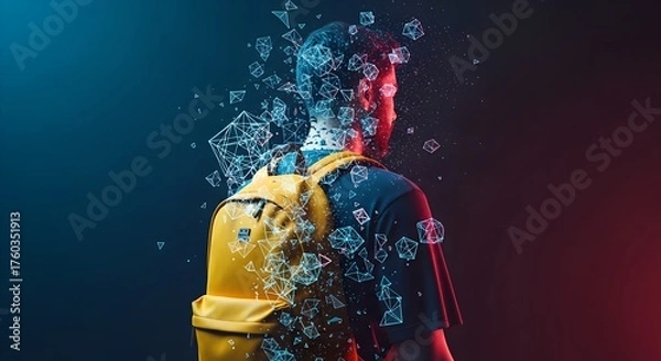 Fototapeta Digital self: Young man with backpack surrounded by abstract geometric data