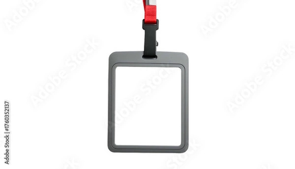 Fototapeta Blank ID badge with red lanyard strap, centered
