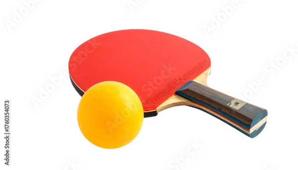 Fototapeta Table tennis paddle with red rubber and yellow ball, close-up