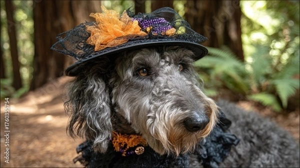 Obraz Adorable dog with long curly fur wea a Halloween witch hat decorated with flowers and leaves outdoors in a forest setting
