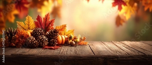 Obraz Vibrant autumn decorations with colorful fall leaves pinecones pumpkins and berries on rustic wooden surface in warm sunlight