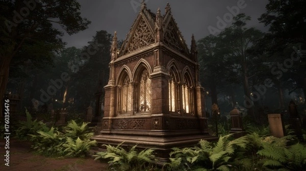 Obraz Mystical Gothic mausoleum structure surrounded by lush greenery and tall trees in a foggy forest setting at night