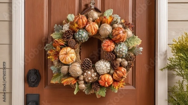 Obraz Beautiful Autumn Harvest Wreath Decorated with Pumpkins Pinecones and Colorful Foliage Hanging on Wooden Door Entryway