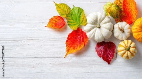 Obraz Vibrant autumnal scene featu colorful fall leaves and small decorative pumpkins arranged on a white wooden background
