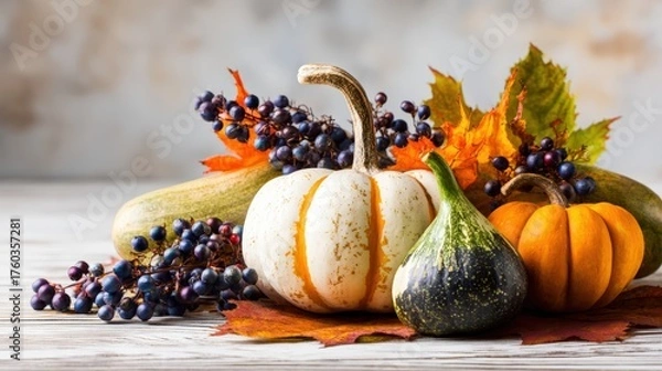Obraz Colorful autumn harvest display with pumpkins gourds and fall foliage arranged on rustic wooden surface for seasonal decoration