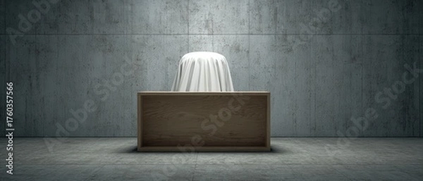 Obraz Minimalist empty stage with a white cloth draped over an object behind a wooden table against a concrete wall background