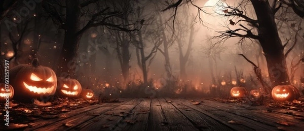 Obraz Spooky Halloween Forest Scene with Glowing Jack-o-Lanterns and Bare Trees at Night for Haunted Holiday Decoration