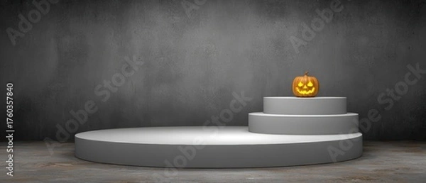 Obraz Halloween pumpkin sitting on a round platform against dark textured background perfect for festive celebration decorations and spooky themes