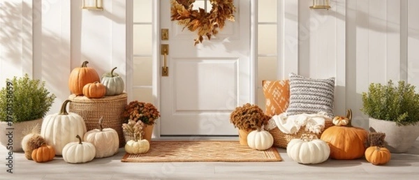 Obraz Cozy Autumn Entrance with Pumpkin Decor Piles and Fall Wreaths for Warm Home Autumn Harvest Festive Atmosphere