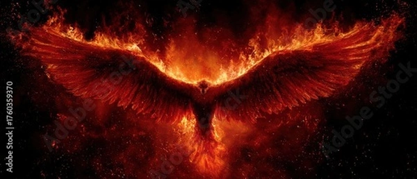 Obraz Stunning fiery phoenix with glowing wings soa through cosmic dark space surrounded by sparks and flames, symbolizing rebirth and renewal