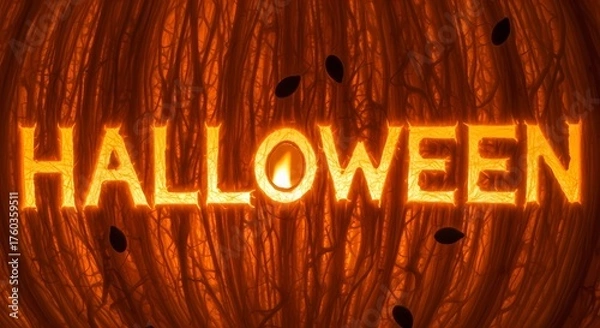 Obraz Spooky halloween text illuminated by a candle flame, set against the textured background of a pumpkin, with fallen leaves scattered around, evoking a festive and eerie atmosphere for the holiday seaso