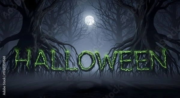 Obraz Eerie forest scene at night with a full moon, spooky gnarled trees, and glowing green halloween text, creating a chilling and atmospheric holiday invitation
