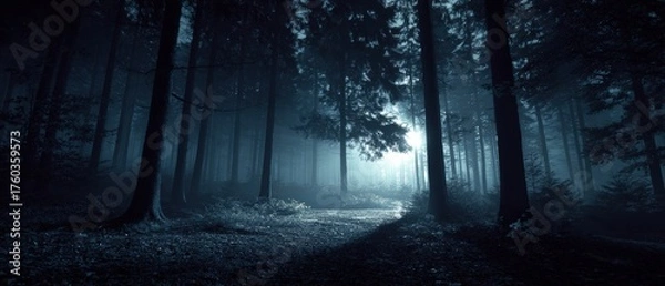 Obraz Enchanted Mystical Forest Scene with Tall Trees Dense Foliage and Mysterious Fog at Nighttime