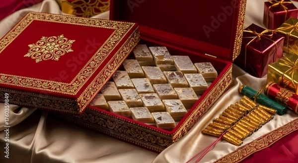 Obraz An ornate, open red velvet box filled with diamondshaped indian sweets, garnished with nuts and silver leaf, presented on a silk cloth