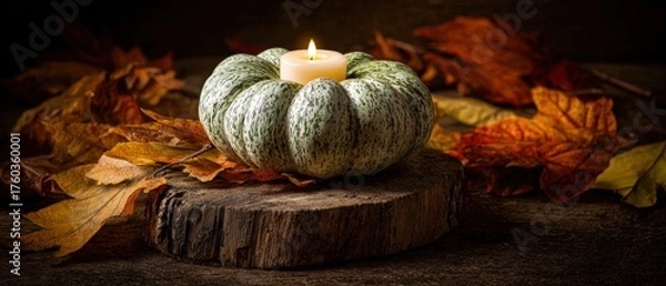 Obraz Cozy autumn scene with a glowing candle on a pumpkin surrounded by colorful fallen leaves on rustic wood surface
